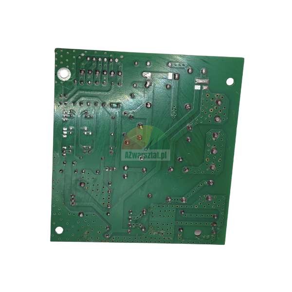 Green printed circuit board (PCB) showing copper traces, solder points, and mounting holes on a white background.