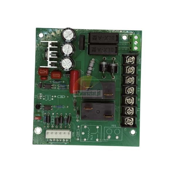 Green printed circuit board (PCB) with capacitors, two relays, and a screw terminal block, control module.