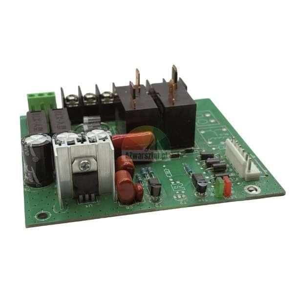 Green printed circuit board (PCB) with a silver heatsink, two black relays, and various electronic components.