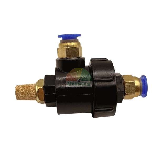 Black pneumatic flow control silencer/muffler with sintered bronze element and quick connect fittings.