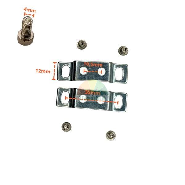 Metal mounting brackets with visible dimensions (12mm, 10.5mm, 35mm), including a 4mm screw and fasteners.