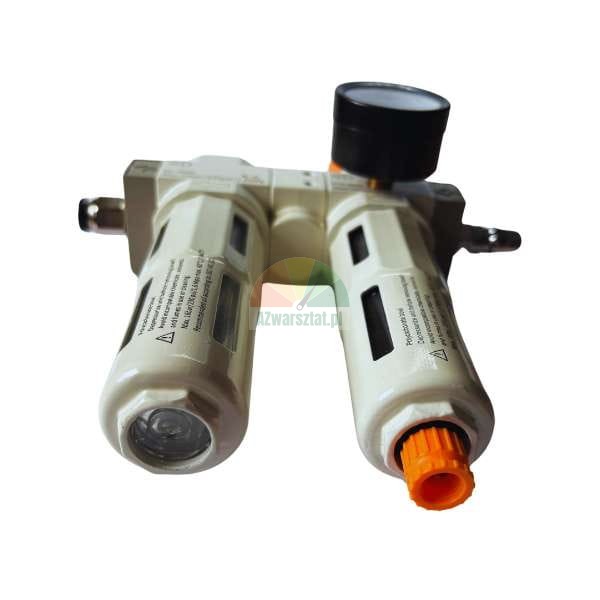 Pneumatic filter-regulator unit (FRL) for compressed air, beige body, dual bowls, and black pressure gauge.
