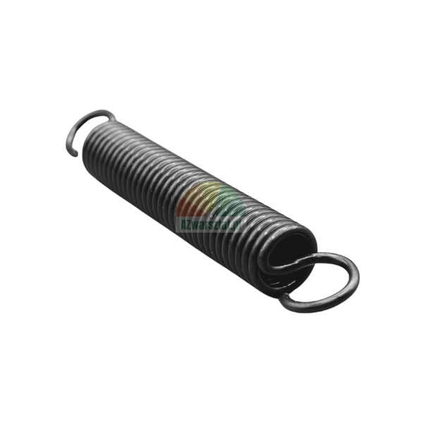 Black extension spring (tension coil spring) with hooks on both ends, isolated on a white background.