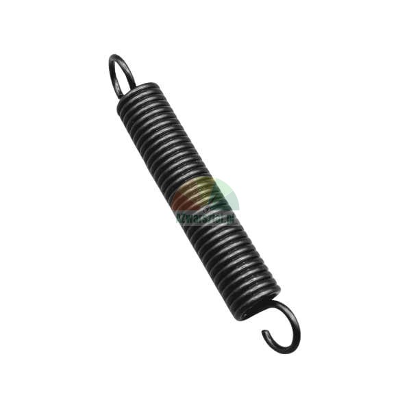 Black helical extension spring with hooks on both ends, isolated on a white background.