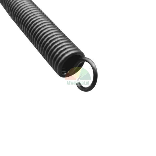 Black extension spring with a hook, close-up of the end against a white background.