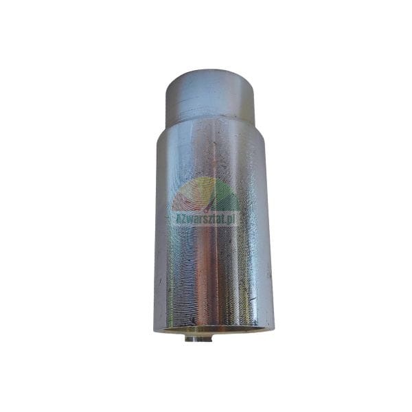 Silver metal cylindrical sleeve or precision adapter, machined mechanical part, isolated on white background.