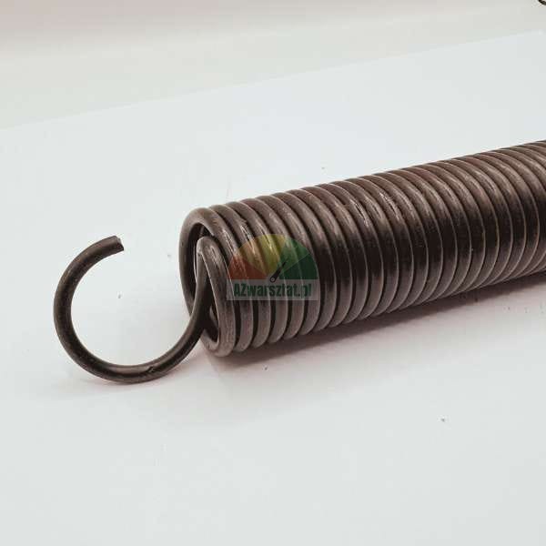 Metal tension spring with a hook on a white background.
