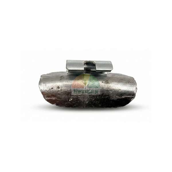 Metal clip-on wheel balancing weight on a white background