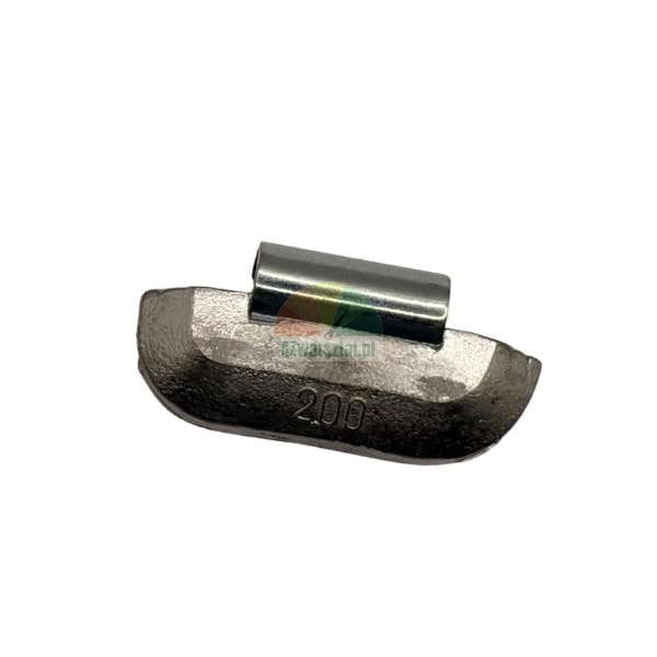 Clip-on wheel balancing weight with number 200 stamp, metal automotive component for tires.