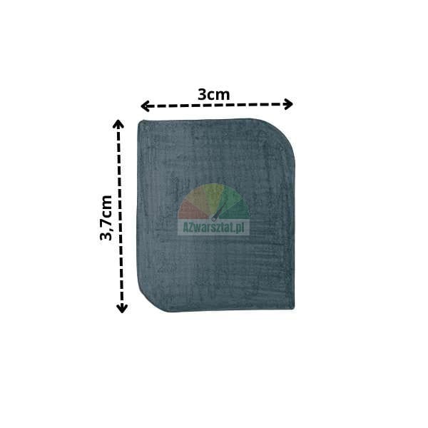 Dark gray material swatch measuring 3 cm by 3.7 cm with rounded corners.