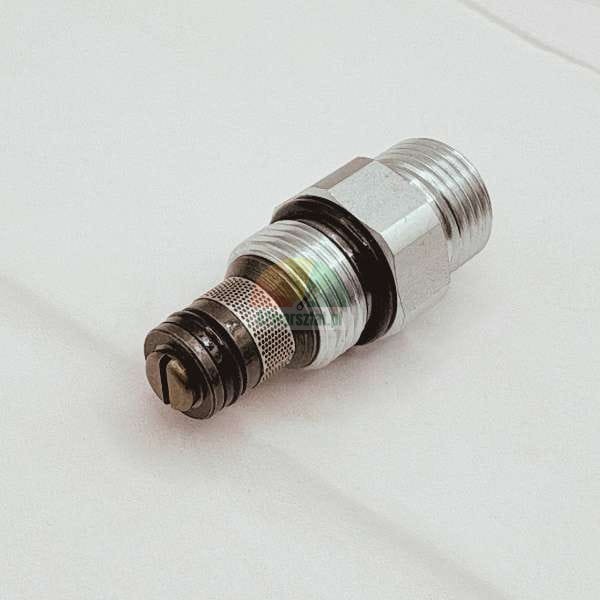 Metal hydraulic cartridge valve with mesh filter and black o-rings.