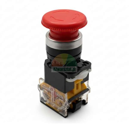 Red emergency STOP mushroom push button with switch module on a white background.