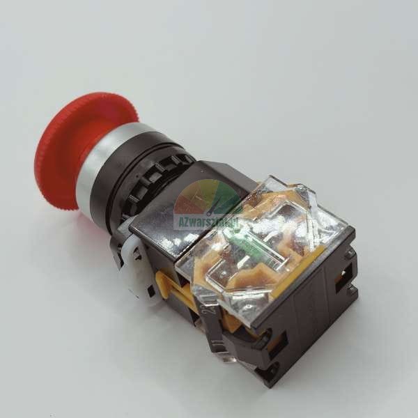 Industrial red emergency stop mushroom button with contact block assembly.