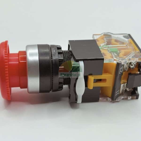Red emergency stop mushroom button with contact block assembly on a white background.