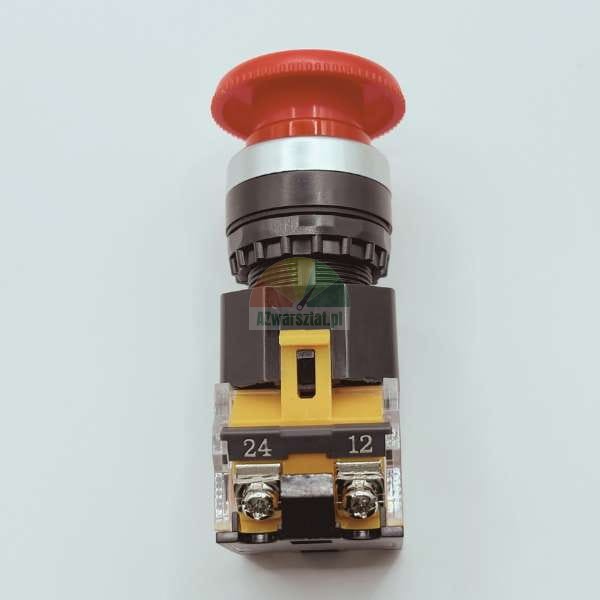 Red mushroom emergency stop button with contact block and screw terminals 12 and 24.