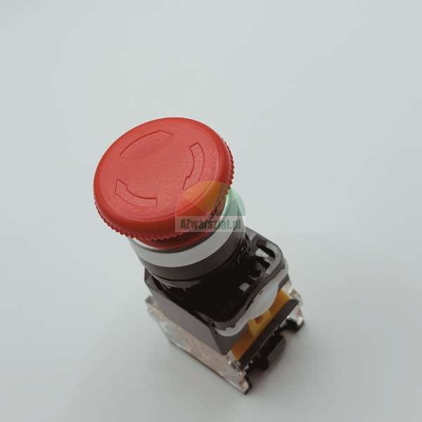 Red emergency stop mushroom button with arrows on top showing rotation direction.