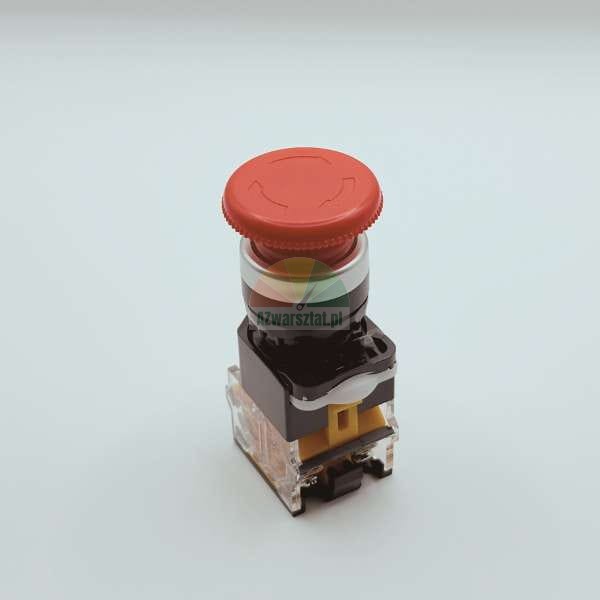Red industrial emergency stop mushroom button with electrical mounting block on a white background