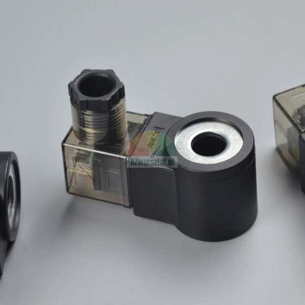 Solenoid valve coil DC 24V with DIN connector and cable gland on a gray background.