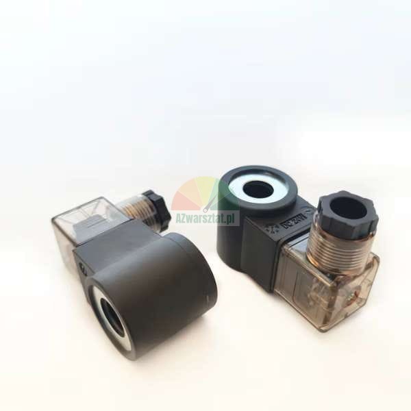Two black solenoid valve coils with transparent plug housings on a white background.
