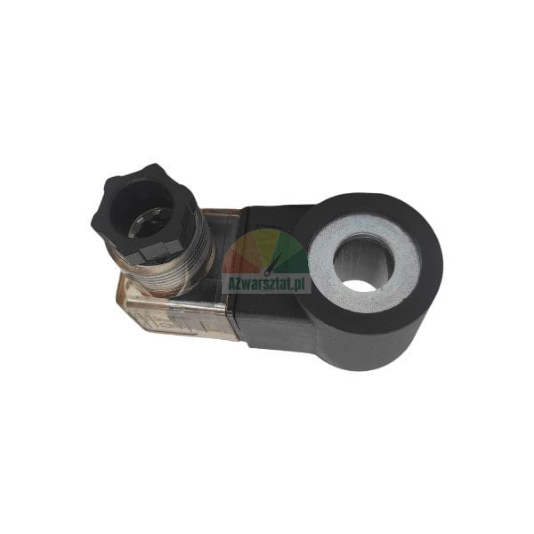 Solenoid valve coil DC 24V with connector plug and cable gland on a white background