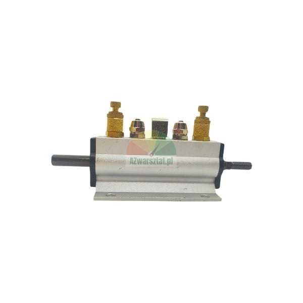 Silver pneumatic cylinder or valve block with brass fittings on a white background.