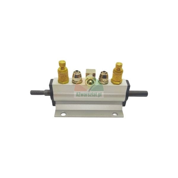 Pneumatic manifold with brass silencers and steel fittings on a white background