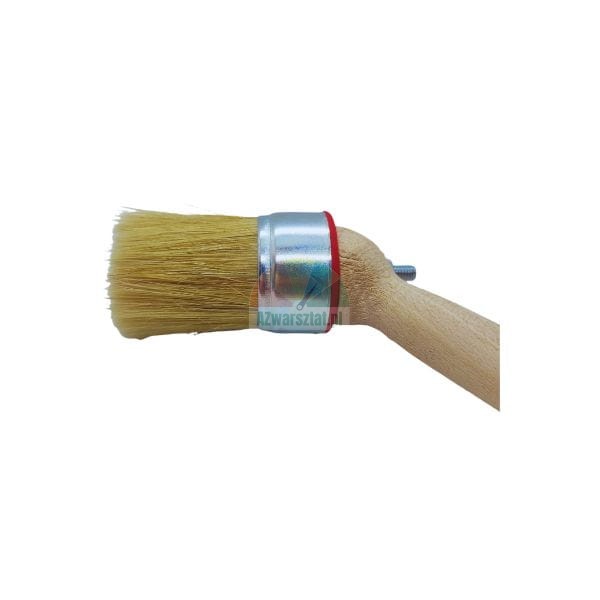 Angled round paintbrush with a wooden handle and light natural bristles.