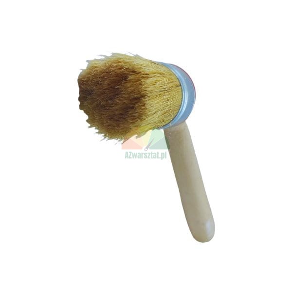 Round brush with natural bristles and a wooden handle on a white background.