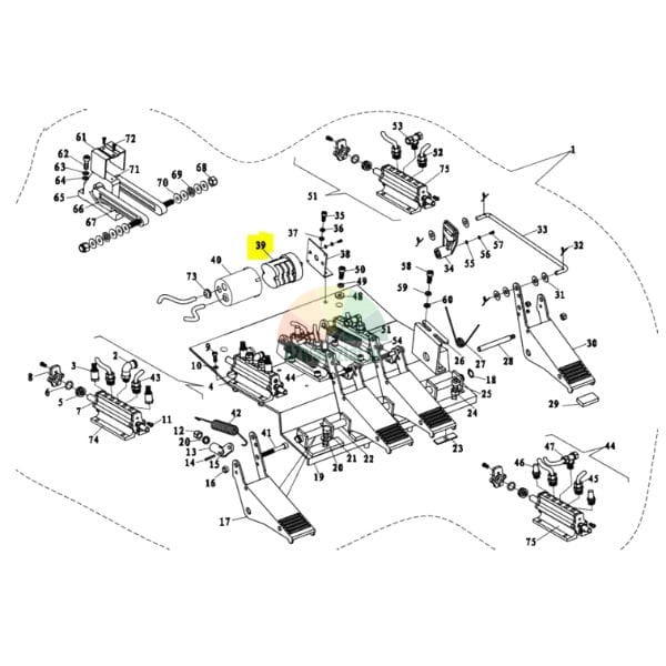 Technical drawing of a foot pedal control assembly with part 39 highlighted in yellow.