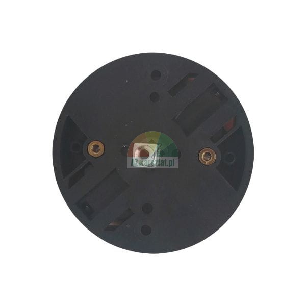 Black circular mounting base with a central square metal shaft and brass screw inserts.
