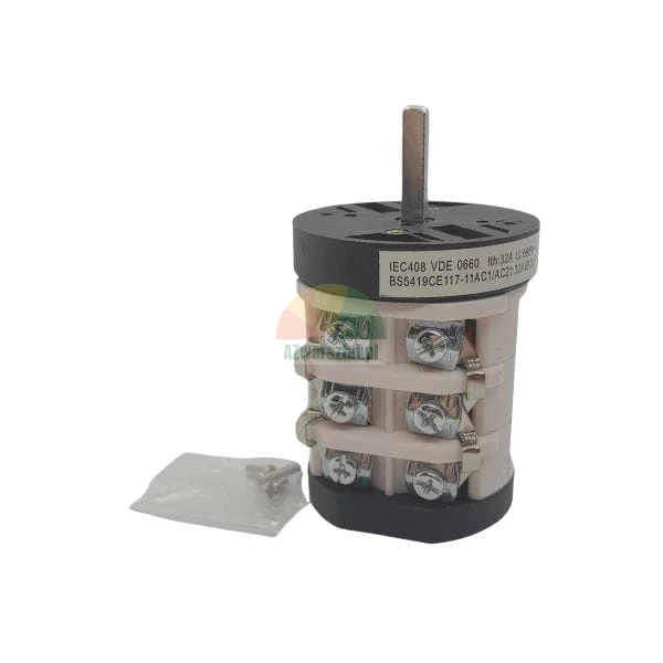 Industrial cam switch with 32A current rating and 660V insulation featuring screw terminals and a metal shaft on a white background