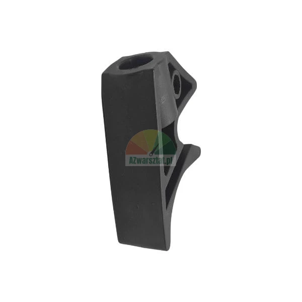Black plastic technical component with a hole and hook on a white background.