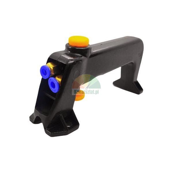 Black pneumatic manual valve with handle, yellow top button and blue quick connectors.