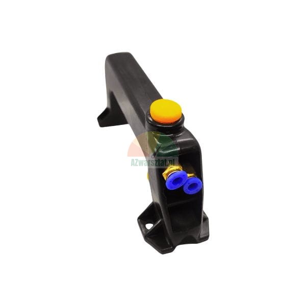 Black pneumatic handle with a yellow button and two blue quick-connect fittings on a white background.