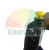 Close-up of a black mechanical component with a yellow button and two mounting holes on a white background