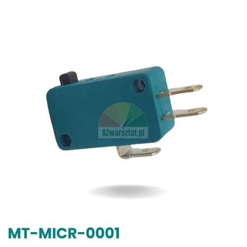 Turquoise microswitch with a black button and metal terminals, model MT-MICR-0001.