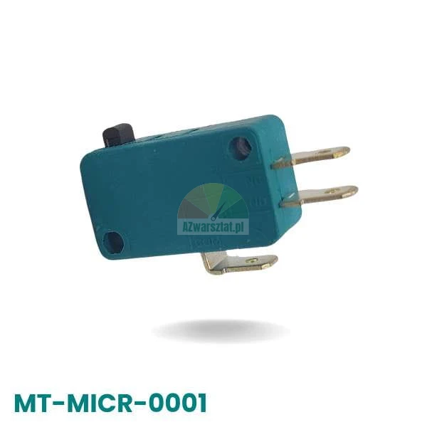 Turquoise microswitch with a black button and metal terminals, model MT-MICR-0001.