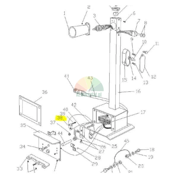 Technical exploded view diagram of a control column with part number 38 highlighted in yellow.
