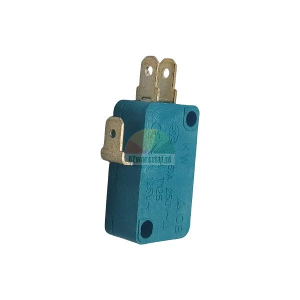 Blue KW microswitch with three metal terminals, 16A 250V AC power rating.