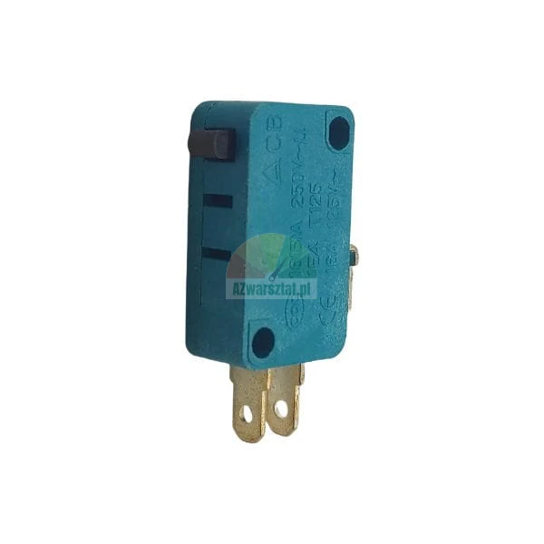 Teal microswitch with a black plunger and metal terminals, technical specifications 16A 250V visible on the casing.