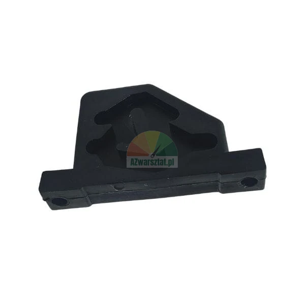 Black plastic mechanical component with irregular cutout and two mounting holes on a white background.