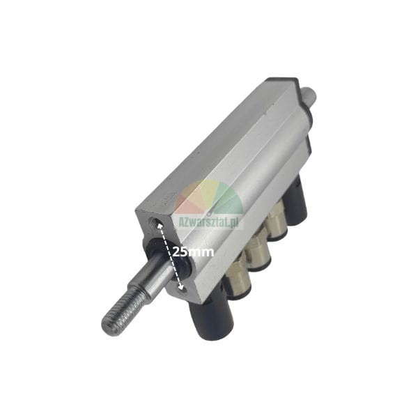 Silver industrial pneumatic manifold with 25mm hole spacing and 4 connectors.