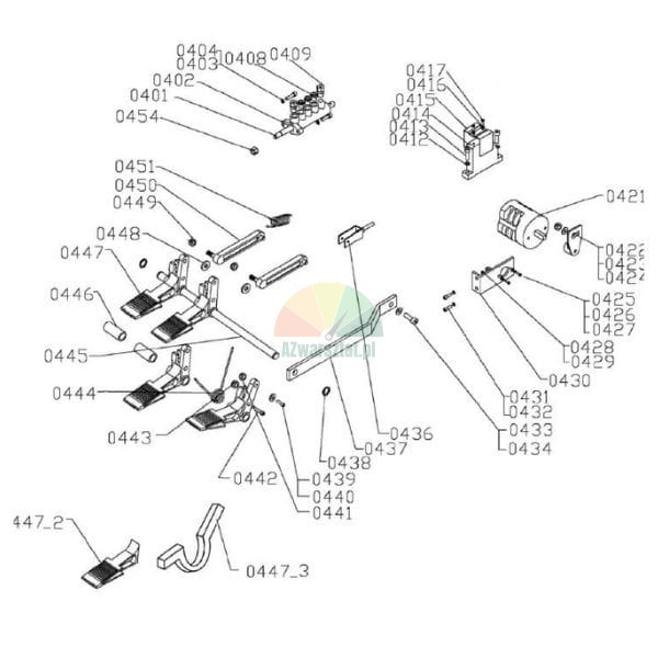 Exploded view technical diagram showing control pedals and mechanical components with numerical labels.