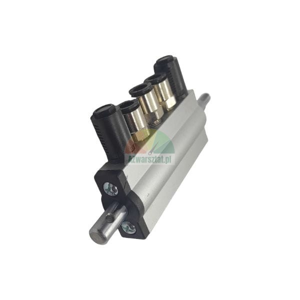 Compact pneumatic cylinder with multiple push-in fittings on an aluminum body, industrial automation component.