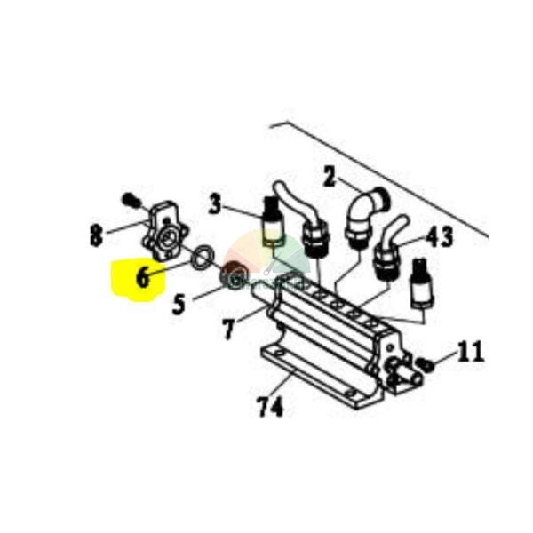 Seal (O-ring) labeled with number 6 on a technical assembly diagram of a manifold.
