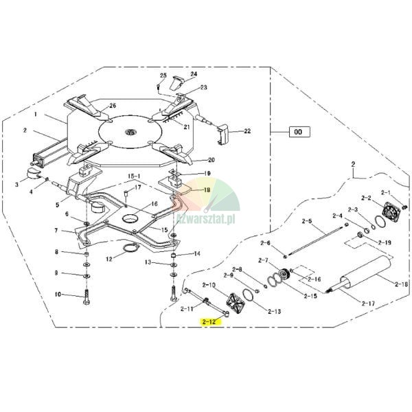Technical exploded view diagram of a mechanical assembly with part number 2-12 highlighted in yellow representing a connecting rod.
