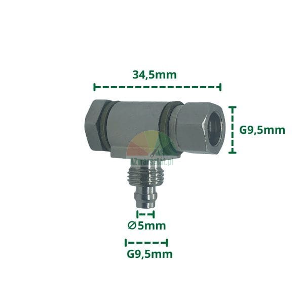 Metal technical fitting with indicated dimensions: length 34.5mm, side width G9.5mm, bottom diameter 5mm, and bottom width G9.5mm.