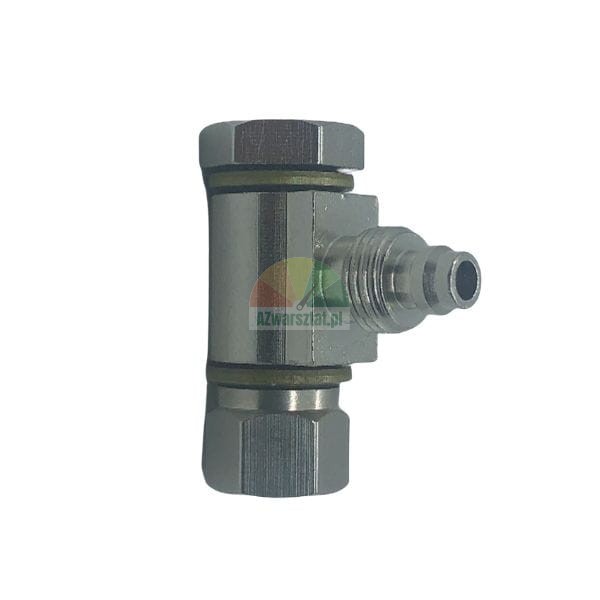 Metal pneumatic banjo fitting with quick release connector on a white background