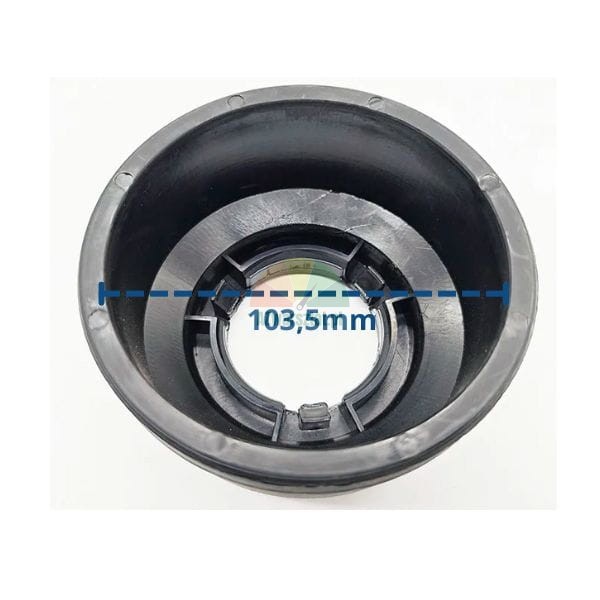 Black circular plastic component with an outer diameter of 103.5 mm shown from above