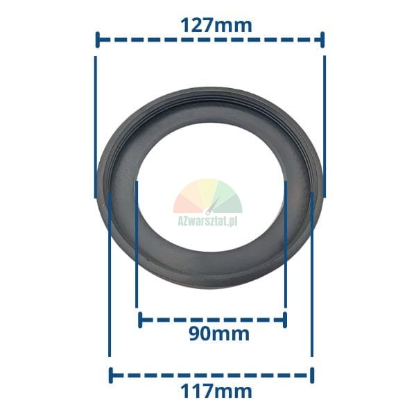 Black rubber gasket with dimensions: outer diameter 127mm, seating diameter 117mm and inner diameter 90mm.